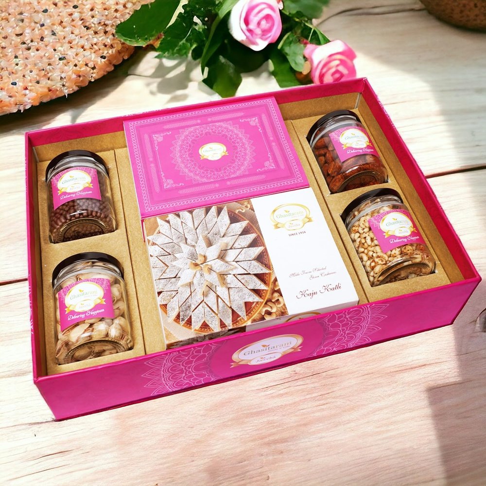Ghasitaram Gifts Jaiccha Big Hamper Tray of Kaju Katlis, Milk Cake, Peri Almonds, Pistachio, Wheat Puffs and Choco Rice Crispies |Diwali,Birthday,Anniversary,Gift for Her,Him,Mothers Day,Fathers Day|