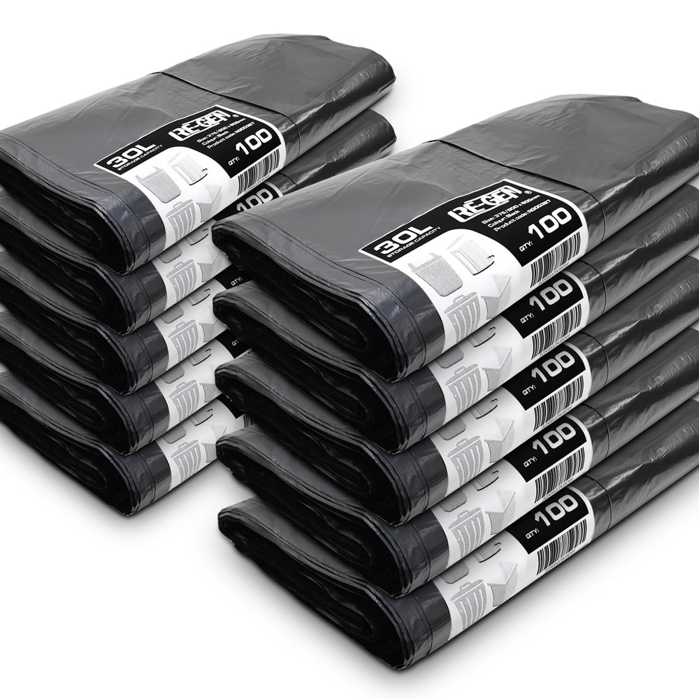 1 Full Box | 1000 Bags | RE-GEN 30 Litre Flat Pack Swing, Pedal, Square Bin Liners Refuse Sacks, Everyday, Office & Home Use | Black Industrial Strength Rubbish Garbage Bags 375/600 x 600mm