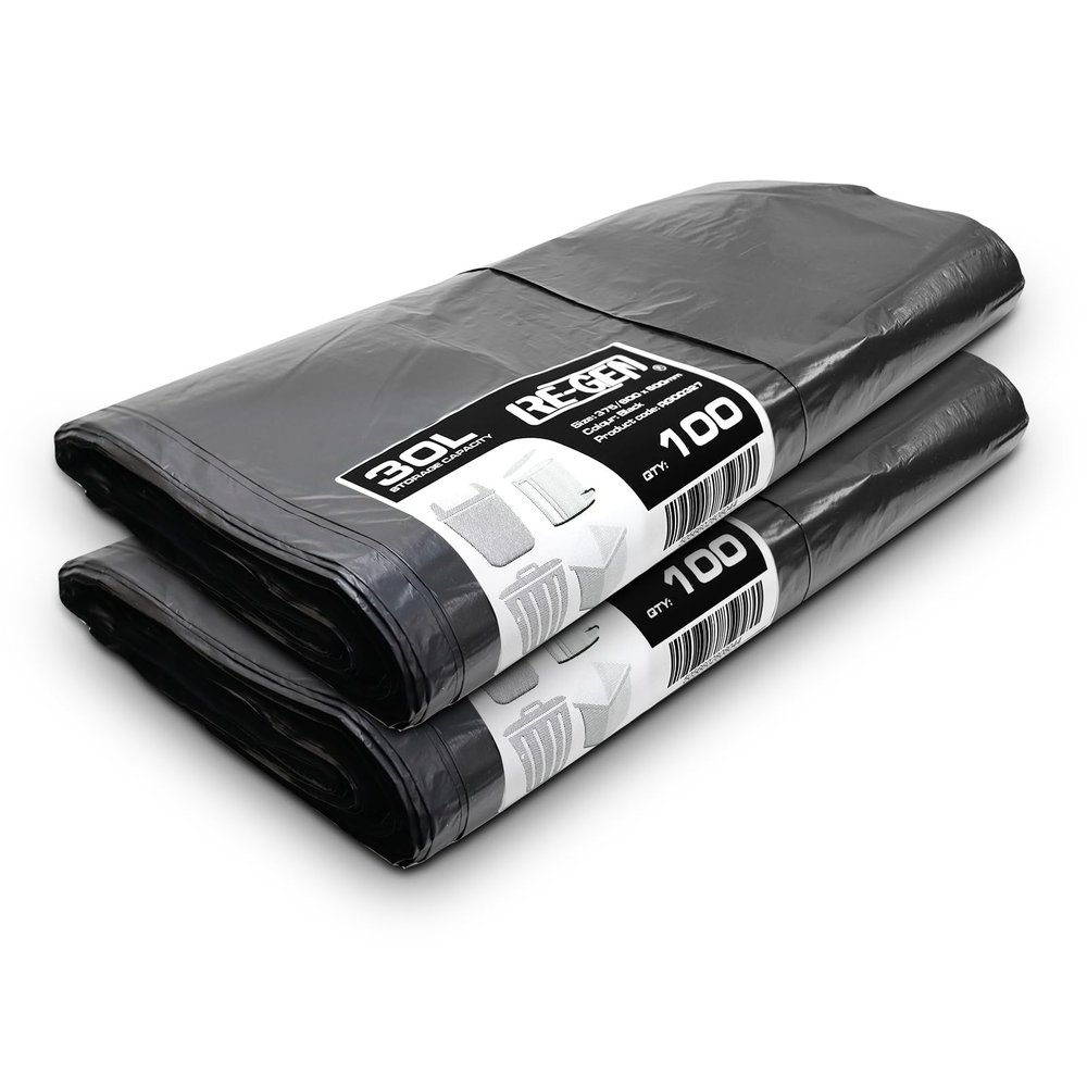 2 Flat Packs | 200 Bags | RE-GEN 30 Litre Swing, Pedal, Square Bin Liners Refuse Sacks, Everyday, Office & Home Use | Black Industrial Strength Rubbish Garbage Bags 375/600 x 600mm