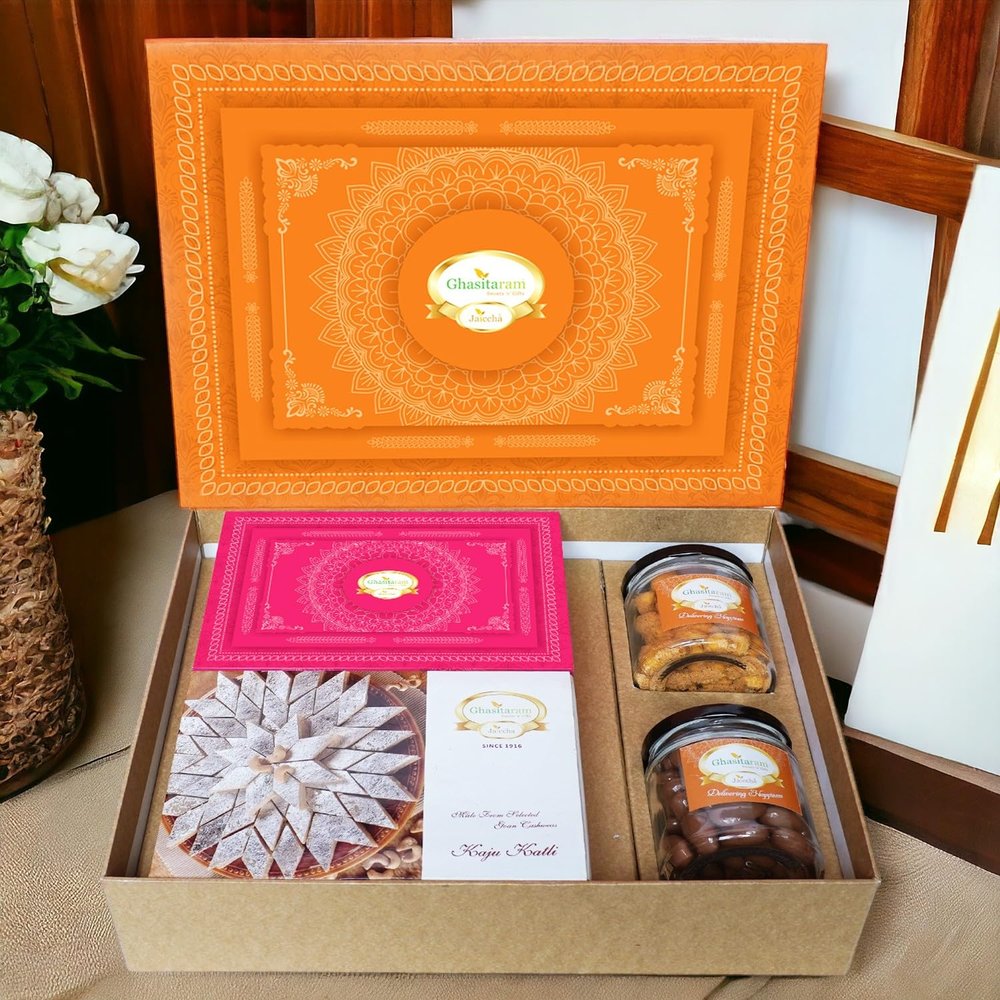Ghasitaram Gifts Jaiccha Orange Hamper Box with Kaju Katli, Milk Cake, Choco Coated Almonds and Crunchy Cashews |Diwali,Holi,Valentine,Birthday,Anniversary,Gift for Her,Him,Mothers Day,Fathers Day|