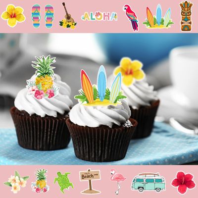 28 Tropical Holiday Hawaii Edible Wafer Cupcake Toppers Cake Decoration Decor