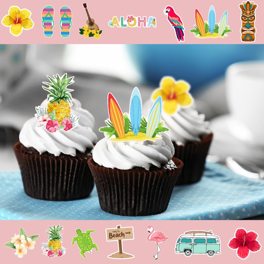 28 Tropical Holiday Hawaii Edible Wafer Cupcake Toppers Cake Decoration Decor