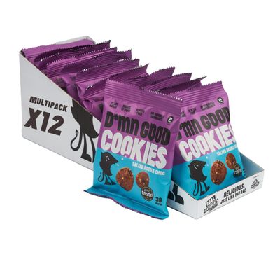D*mn Good Mini Biscuits - Salted Double Chocolate Cookies - Vegan - Plant Based - Gluten Free - Dairy Free - Low Sugar - High Fibre - Delicious All Natural Snacks (12 Pack)