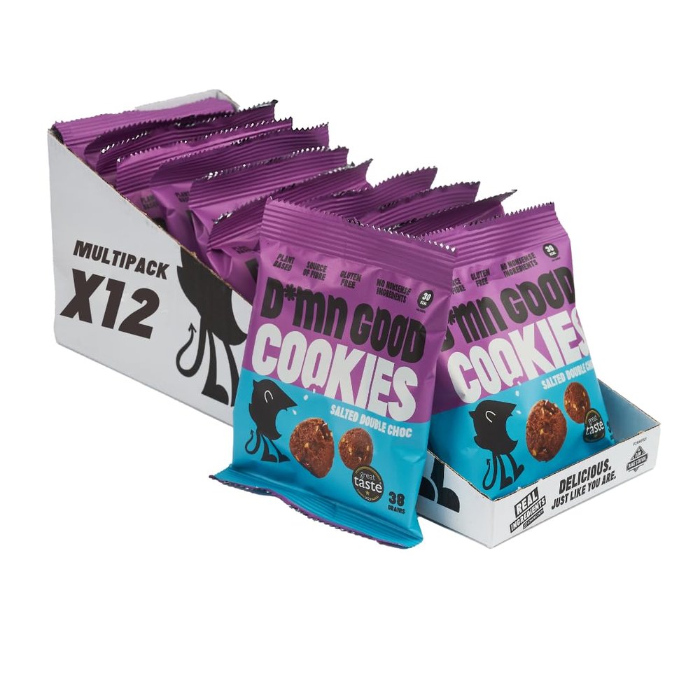 D*mn Good Mini Biscuits - Salted Double Chocolate Cookies - Vegan - Plant Based - Gluten Free - Dairy Free - Low Sugar - High Fibre - Delicious All Natural Snacks (12 Pack)