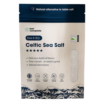 Feel Complete | 400g Fine & Dry Celtic Sea Salt | No Need To Grind | Organic Approved | Essential Minerals & Electrolytes | Natural Alternative To Table Salt | Lab Tested