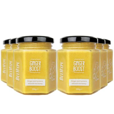 BeeHype - Ginger Boost - Ginger and Turmeric Infussed Raw Honey with NO Preservatives and NO Refined Sugars, Vegetarian, Nut and Dairy Free, 6 x 230g