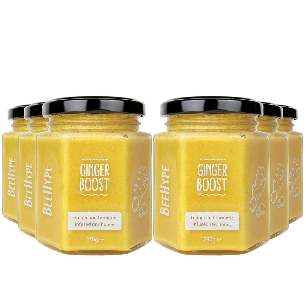 BeeHype - Ginger Boost - Ginger and Turmeric Infussed Raw Honey with NO Preservatives and NO Refined Sugars, Vegetarian, Nut and Dairy Free, 6 x 230g