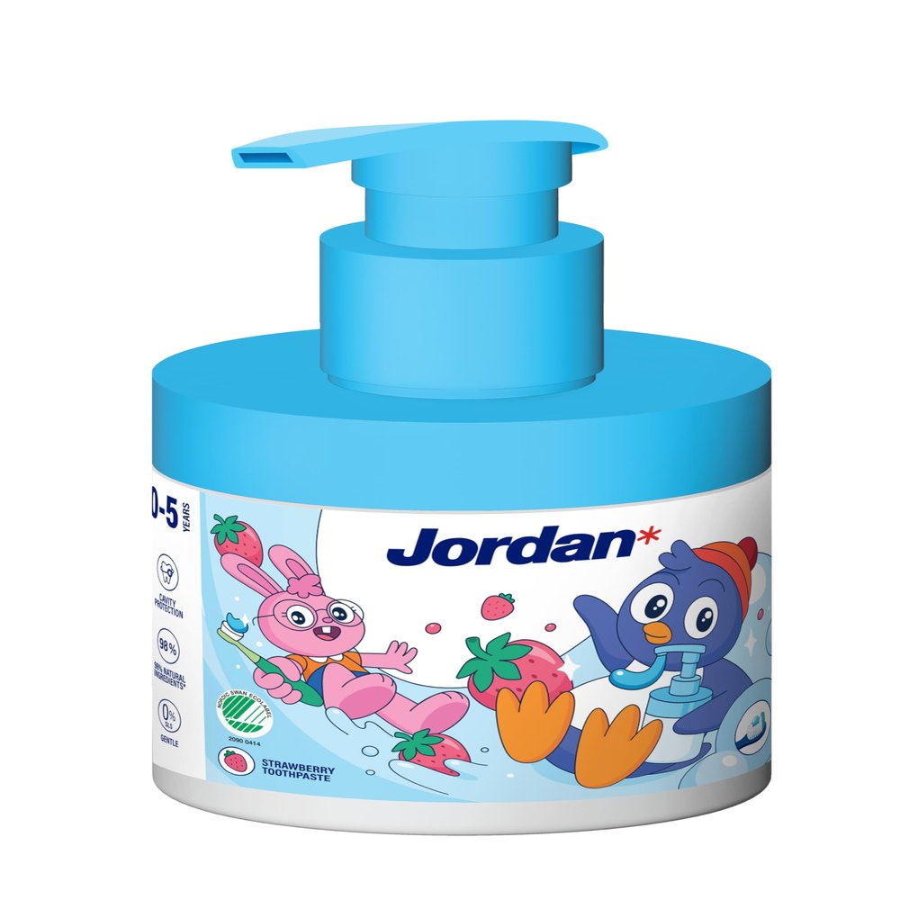 Jordan | Kids Toothpaste Pump | Toothpaste on a Pump Dispenser Equivalent to 3 Regular Tubes | Innovative and Convenient Solution Developed for Children | 0-5 Years | Strawberry | 1000ppm | 150 ml