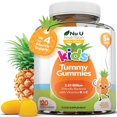 Nu U Nutrition - Kids Tummy Gummies - Friendly Probiotics for Children - 120 Vegan Gummies - Pineapple Flavour - Lactobacillus and Bifidobacterium & Vitamin B3, B5, B6 & C for Gut Health