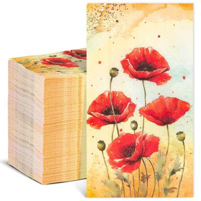 Homlouue Watercolor Red Poppies Floral Napkins, 100PCS 3 Ply Disposable Hand Towels for Bathroom Guest, Fall Floral Paper Napkins Disposable, Flower Paper Napkin Decorative for Spring Fall Party