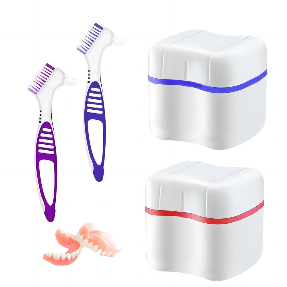 2 PCS Denture Bath Cases Set, 2 Denture Storage Case & 2 Cleaning Brushes, Dental False Teeth Holder, Plastic Denture Retainer Box, Double Layer False Teeth Bath Cup with Strainer Basket