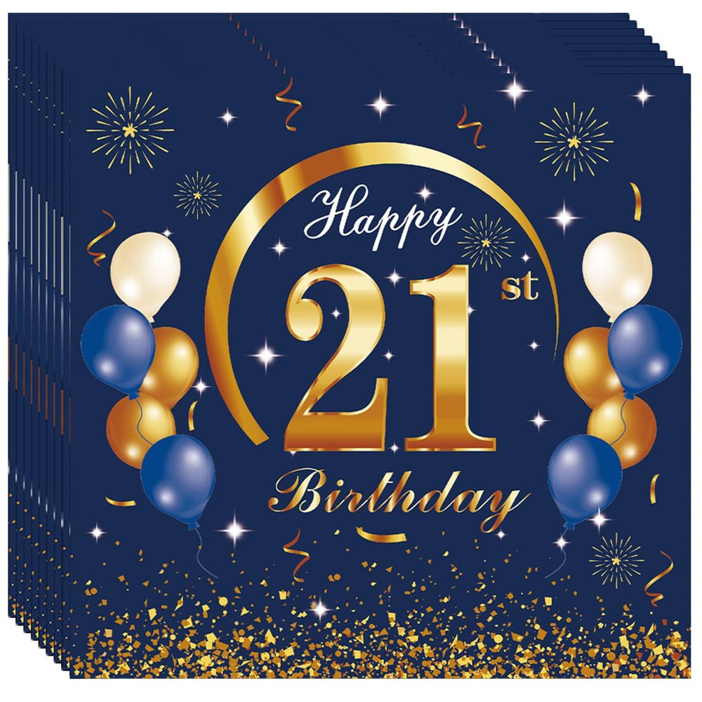 20P Navy Blue Gold 21st Birthday Paper Serviettes Napkins,Boys Happy 21st Birthday Party Napkins Disposable,Birthday Serviettes Tissue Beverage Luncheon Decorative Paper Napkin for 21st Boy,Him Party