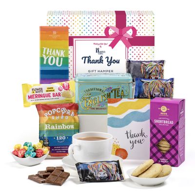 Thank You Gifts for Women  Afternoon Tea Hamper Gift Box with Victorian English Tea, Chocolate, Shortbread, Popcorn, Meringue, Sweet Treats & Thank You Card | Hatties Gifts