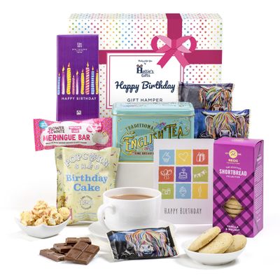 Birthday Afternoon Tea Hamper for Her Hattie's Gifts Tea and Biscuits Gift Set with Vintage English Tin, Chocolate, Popcorn, Luxury Treats & Happy Birthday Card