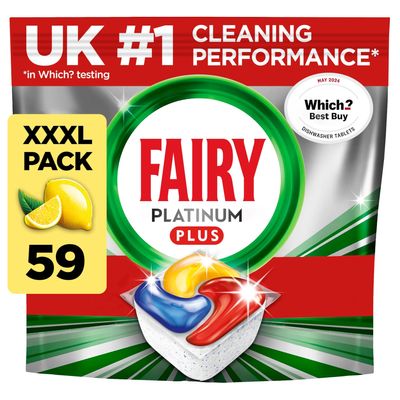 Fairy Platinum Plus Dishwasher Tablets  59 Pack, Lemon, Anti-Dull Technology & Rinse Aid