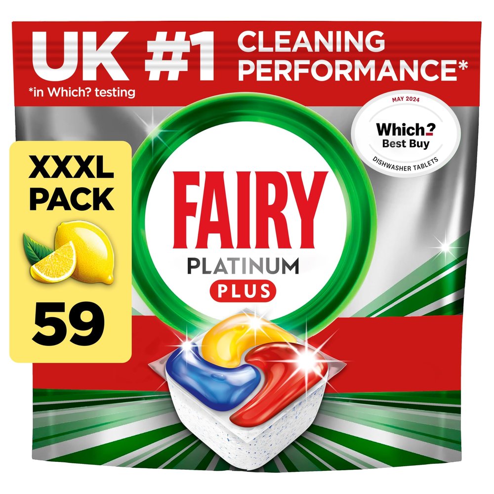 Fairy Platinum Plus Dishwasher Tablets  59 Pack, Lemon, Anti-Dull Technology & Rinse Aid