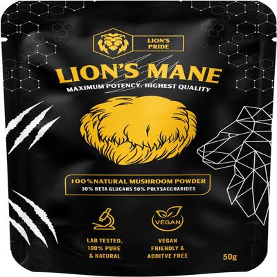 Lions Mane Powder - Lions Pride - Lions Mane Supplement High Strength - 100% Pure Lion's Mane Supplement with 50% Polysaccharides / 30% Beta Glucan - (100, Grams)