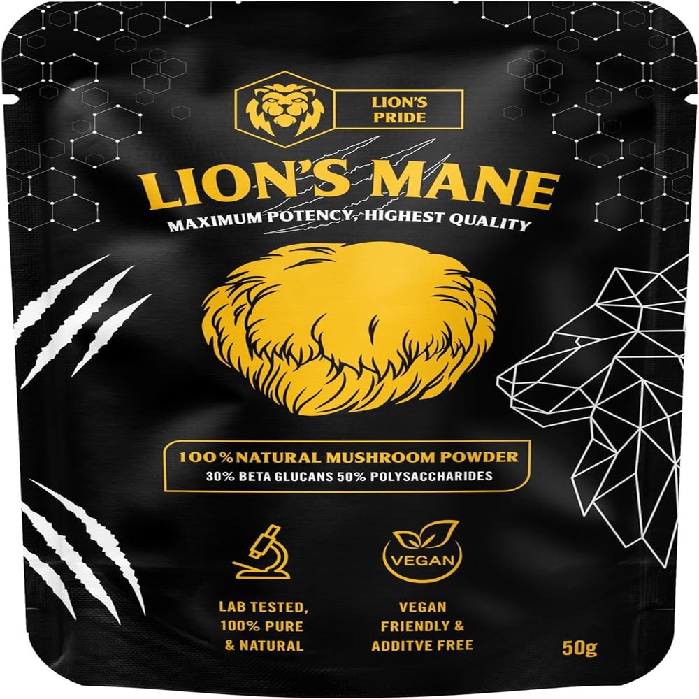 Lions Mane Powder - Lions Pride - Lions Mane Supplement High Strength - 100% Pure Lion's Mane Supplement with 50% Polysaccharides / 30% Beta Glucan - (100, Grams)