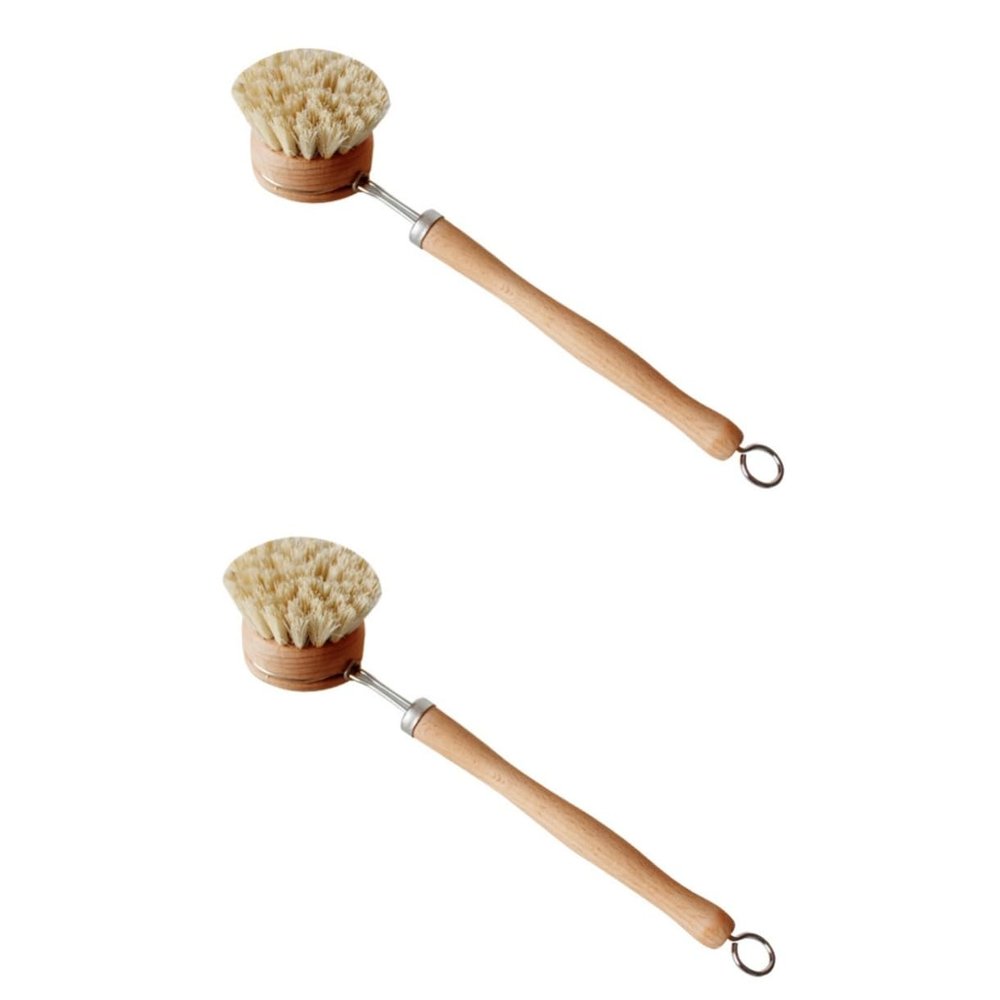 MAGICLULU 2pcs Long Handle Wood Sisal Pot Brush Kitchen Scrub Brush for Dish Plate Cleaning Tool Portable
