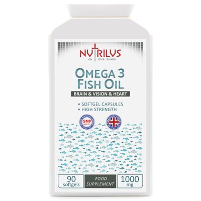 Nutrilus Omega-3 Fish Oil 90 Softgel Capsules 1000mg - High Strength Omega 3 - Brain & Vision & Heart Health - UK Made Supplement