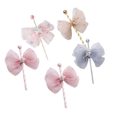 Cabilock Mesh Bow Decorations 5 Pack Fairy Wand Cake Inserts for Birthday Party Decorations Unique Dessert Decor Random Style