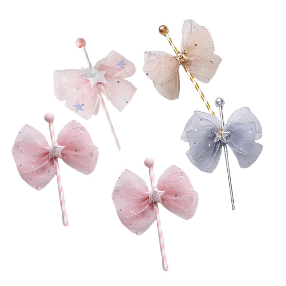 Cabilock Mesh Bow Decorations 5 Pack Fairy Wand Cake Inserts for Birthday Party Decorations Unique Dessert Decor Random Style