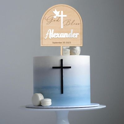 Party to Be Personalized Baptism Cake Topper 3D Wood & Acrylic Custom Name & Date God Bless Cake Topper Decoration (Design 01)