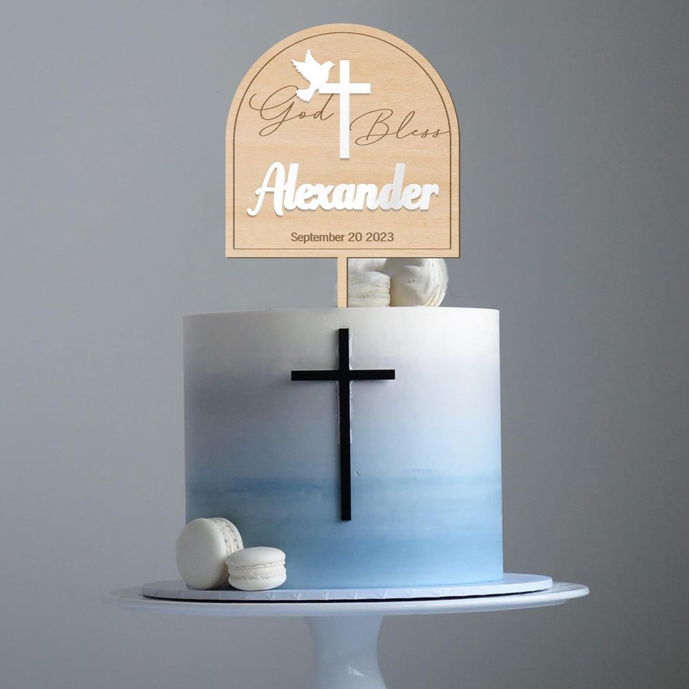 Party to Be Personalized Baptism Cake Topper 3D Wood & Acrylic Custom Name & Date God Bless Cake Topper Decoration (Design 01)