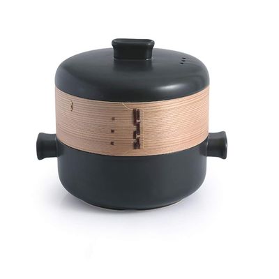 Ceramic Casserole Dish with steam cage lid and Two Handles Stackable Heat-Resistant Clay Pot cookware Black 1.58quart