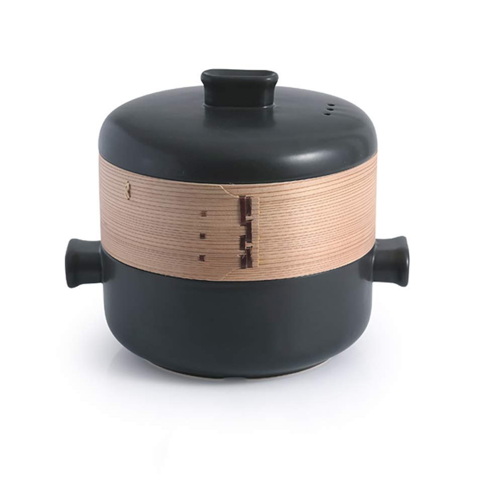 Ceramic Casserole Dish with steam cage lid and Two Handles Stackable Heat-Resistant Clay Pot cookware Black 1.58quart