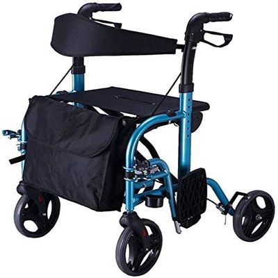 2 in 1 Rollator- Transport Chair W/Reversible Backrest and Detachable Footrests and Seat and Wheels Foldable Portable Medical Mobility Walking Aids