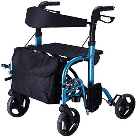 2 in 1 Rollator- Transport Chair W/Reversible Backrest and Detachable Footrests and Seat and Wheels Foldable Portable Medical Mobility Walking Aids