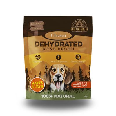 Boil and Broth Dehydrated Chicken Broth for Dogs, 50g resealable pouch. Makes 1L