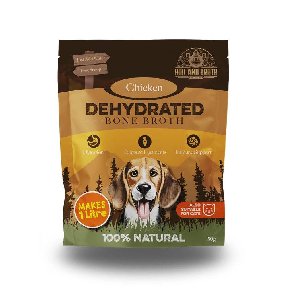 Boil and Broth Dehydrated Chicken Broth for Dogs, 50g resealable pouch. Makes 1L