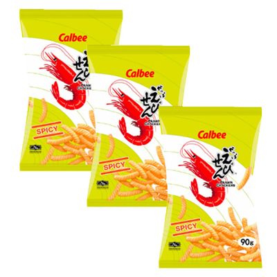 Calbee Prawn Crackers Crispy Crunchy Snacks 90g HALAL - Spicy (Pack of 3)