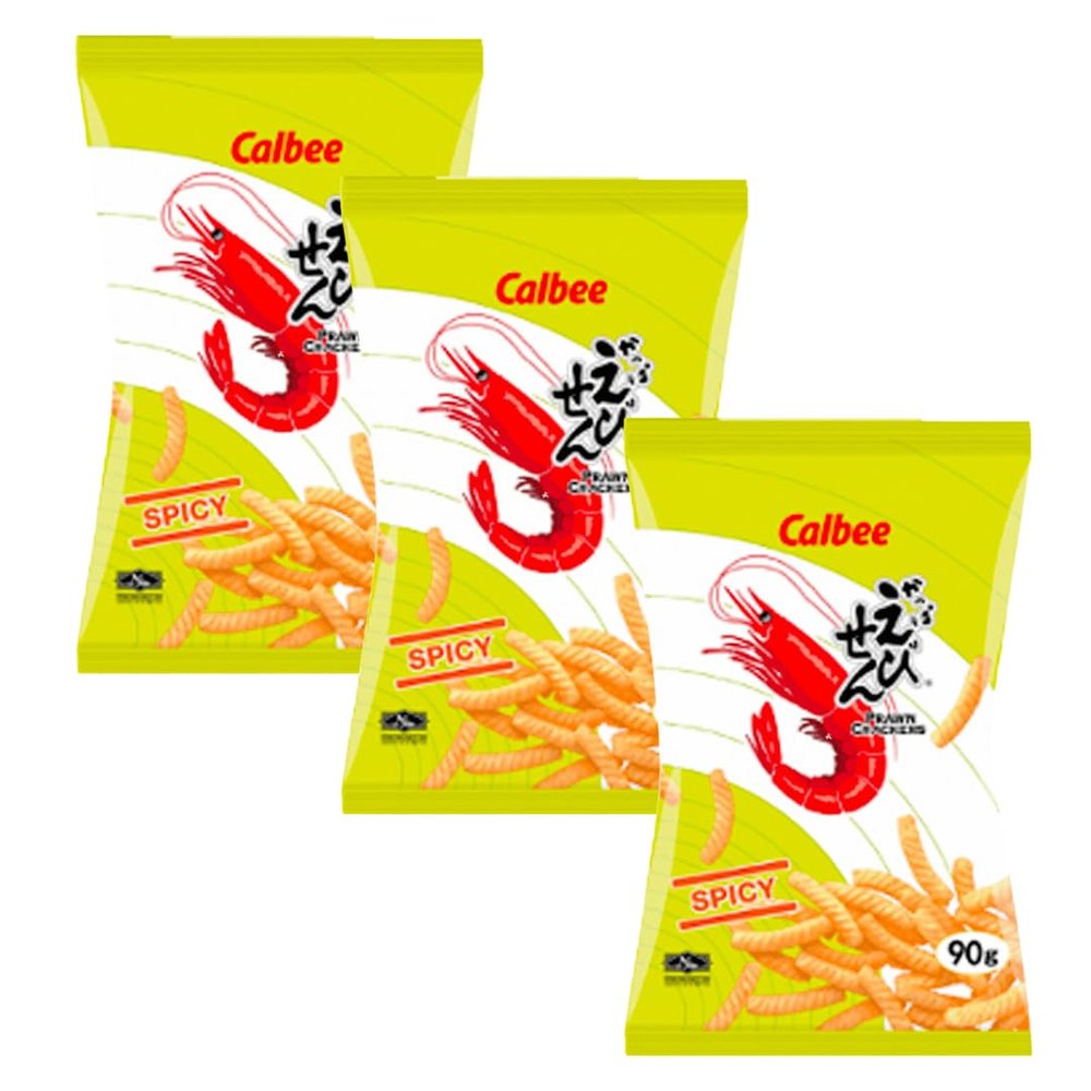 Calbee Prawn Crackers Crispy Crunchy Snacks 90g HALAL - Spicy (Pack of 3)