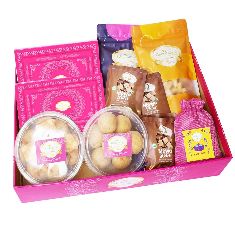 Ghasitaram Gifts Jaiccha Holi- Sweets/Holi Hampers/Thandai Ghasitaram Big Hamper Basket of 12 Goodies with Gujiyas