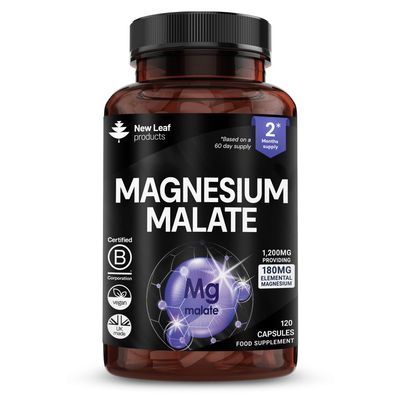 Magnesium Supplements 1200mg - Pure Magnesium Malate Capsules - Bones & Sleep Support - High Absorption Elemental - Vegan High Strength - 2 Months Supply