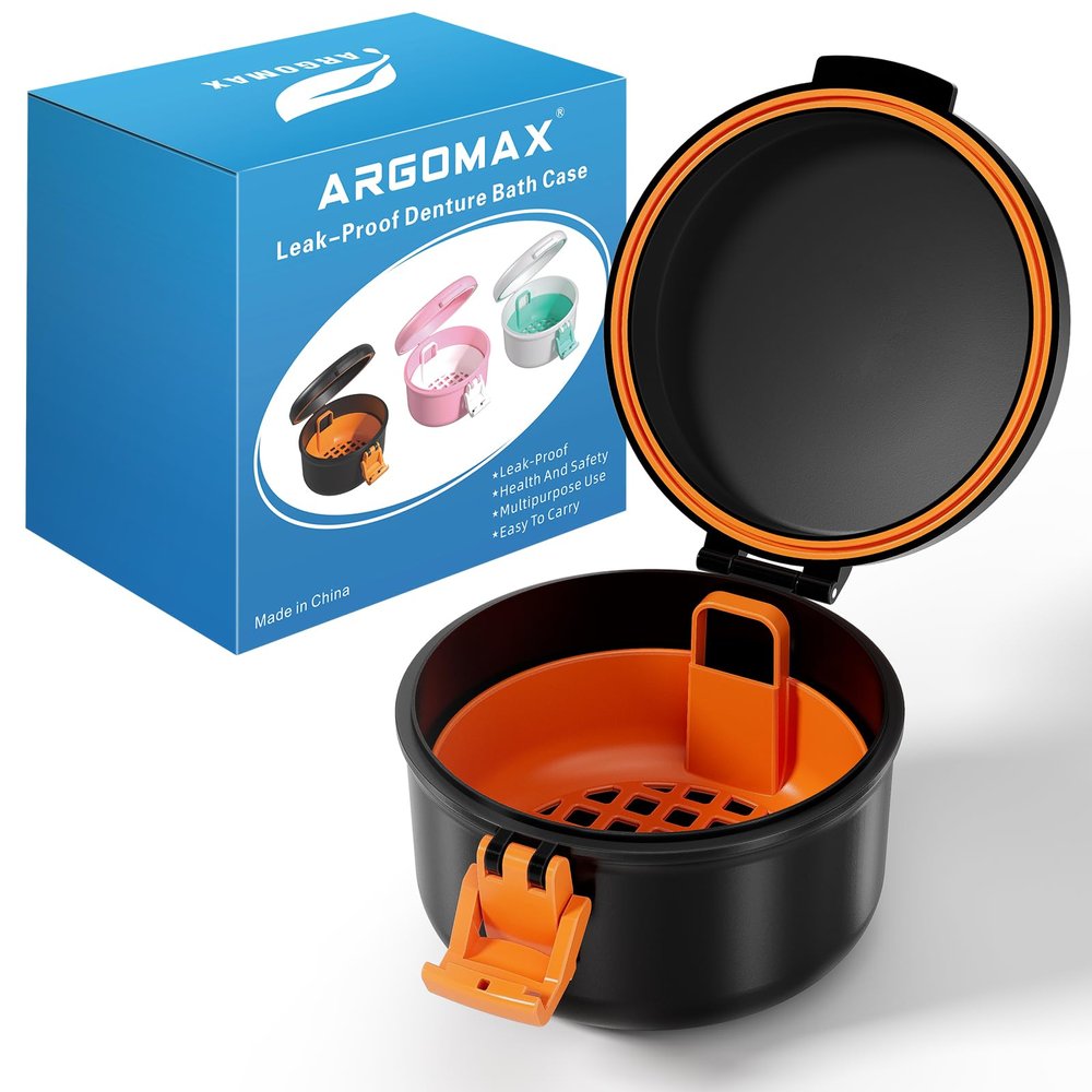 ARGOMAX przenony pojemnik na sztuczne zby,etui na protezy,Pudeko na protezy zbowe z sitkiem,Pudeko stomatologiczne z koszem(Black + Orange)