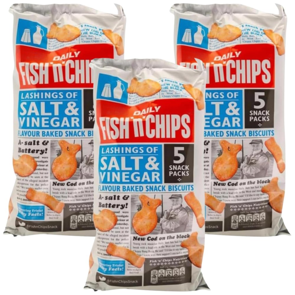 FreshCart Basics Savoury Snack Bundle Consisting of Burtons Daily Fish n Chips Salt & Vinegar Baked Snacks 5x25g (3 Pack)