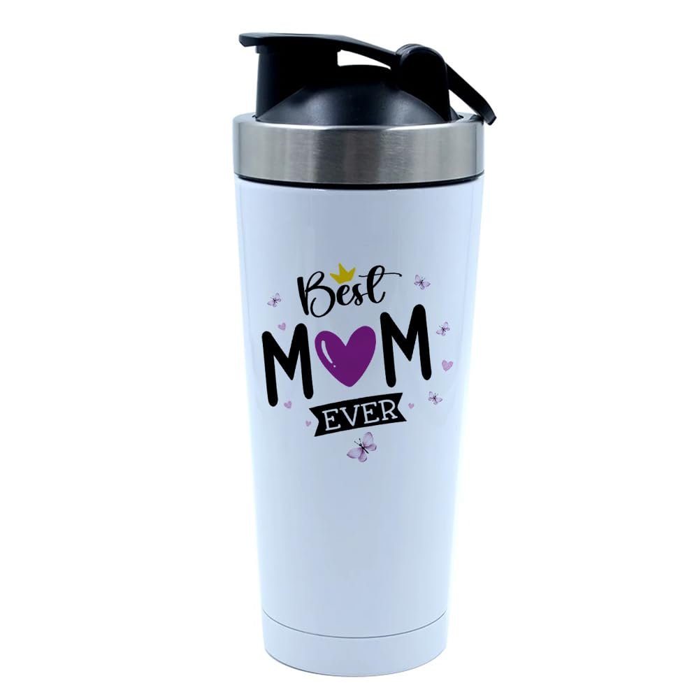 Getagift Mother's Day Gift, Best Mom Ever, 500ml Aluminium Shaker Bottle for Supplement Shakes - Easy Clean, Durable Cup. (White)