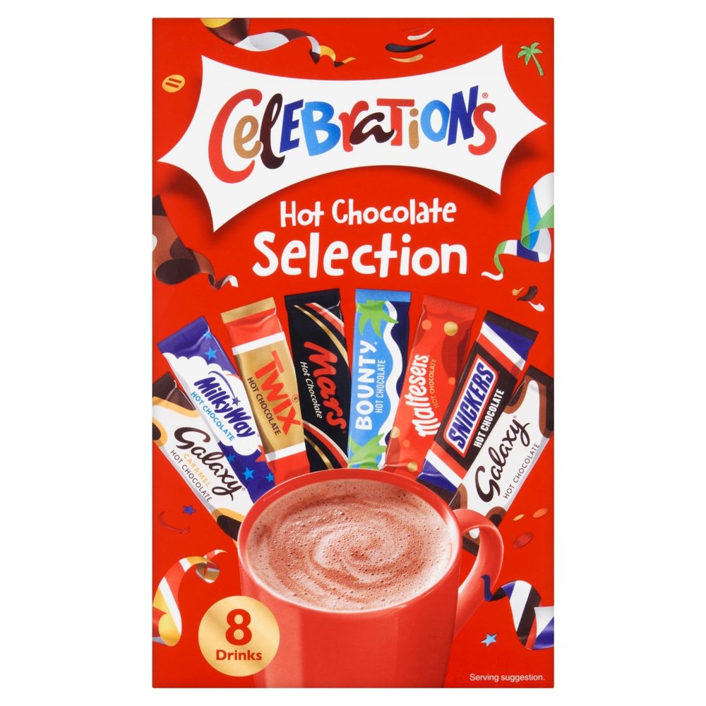 Celebrations Hot Chocolate Sachets 25g x 8 | Hot Chocolate Gift Set Featuring Galaxy, MilkyWay, Twix, Mars, Bounty, Maltesers, Snickers and Galaxy Caramel (Pack of 1)