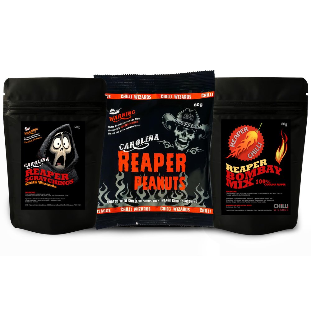 Carolina Reaper Mixed Snack Collection Worlds Hottest Snacks Peanuts, Bombay Mix, Pork Sractching Gift