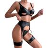 Women's Sexy Lingerie Black Sexy Hollow Leather Sexy Lingerie Push Up Simple Versatile Pajamas Three Piece Set view 1