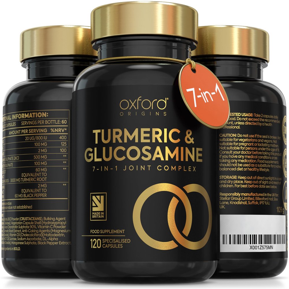 7-in-1 Turmeric and Black Pepper Capsules w/Glucosamine and Chondroitin High Strength | Made in The UK | High Absorption Tumeric Supplement | Glucosamine Sulphate & Turmeric Tablets | 120 Capsules