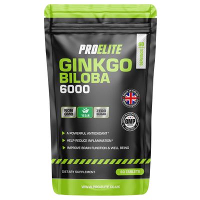 Ginkgo Biloba 6000mg 60 High Strength Vegan Tablets - Ginkgo Biloba Leaf 50:1 Extract | Gluten Free, GMO Free - Made in UK by PROELITE
