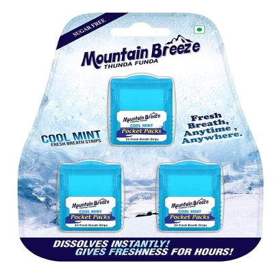 Mountain Breeze Oral Hygiene Mouth Freshener Sugar Free Cool Mint Breath Strips (24 Strips Each Cassatte), Pack of 1 (3 Cassette)