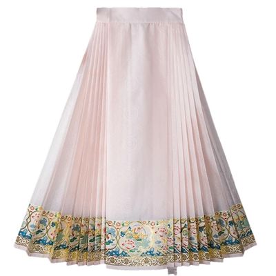 Ma Mian Skirt Imitation Makeup Flowers Hem Skirt and Pairs of Pleated Perforated Horse Face Skirt