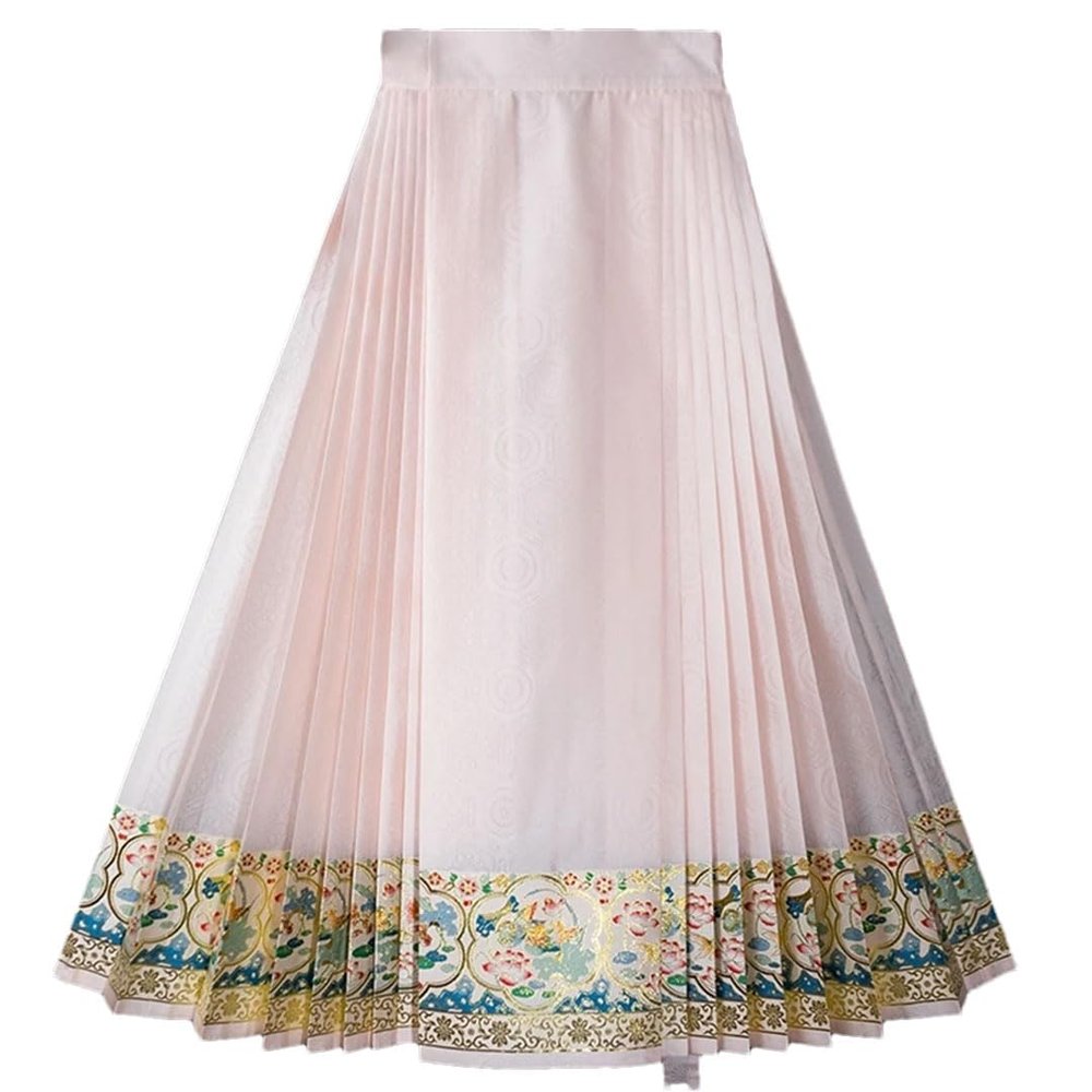 Ma Mian Skirt Imitation Makeup Flowers Hem Skirt and Pairs of Pleated Perforated Horse Face Skirt