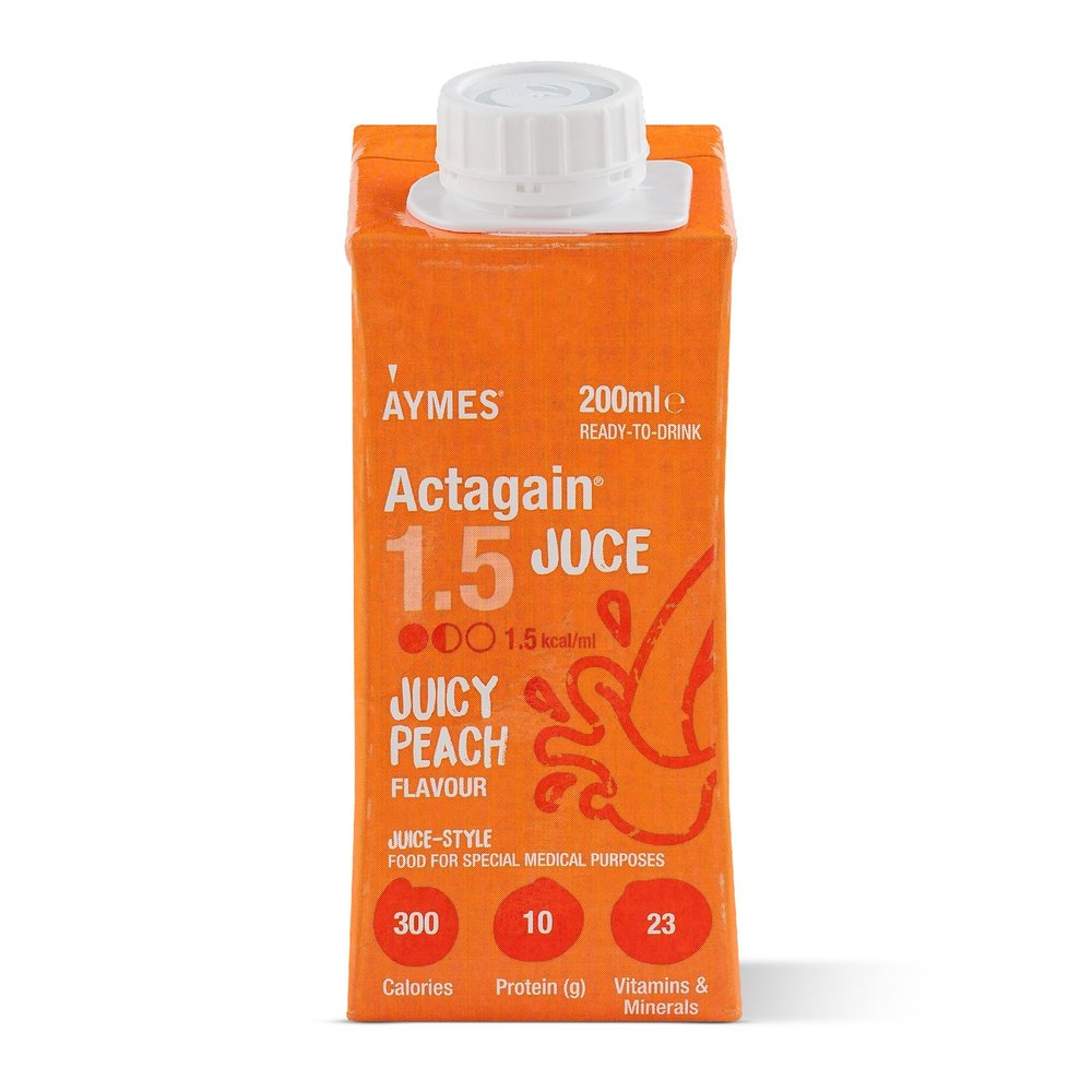 AYMES Actagain Juce - Juice-Style Nutritional Drink - Juicy Peach - 24 x 200ml Cartons - Gluten Free & Fat Free - Suitable for Adults and Children Aged 6+